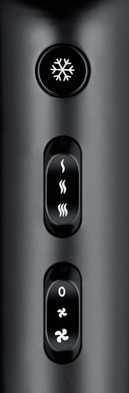 Czarne elementy sterujące suszarki do włosów ze symbolami płatka śniegu, pary i wentylatora. Górny przycisk ma płatek śniegu.