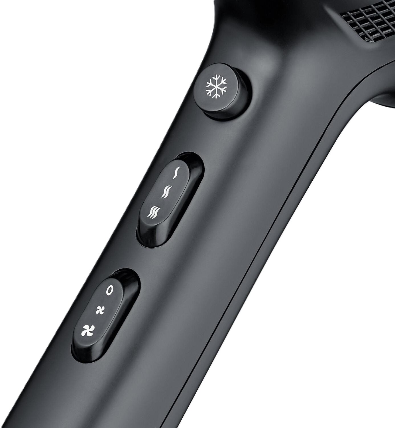 Zbliżenie czarnego uchwytu suszarki do włosów. Widoczne przyciski do zimna, ciepła i prędkości wentylatora. Obecne symbole płatka śniegu, fal i wentylatora.