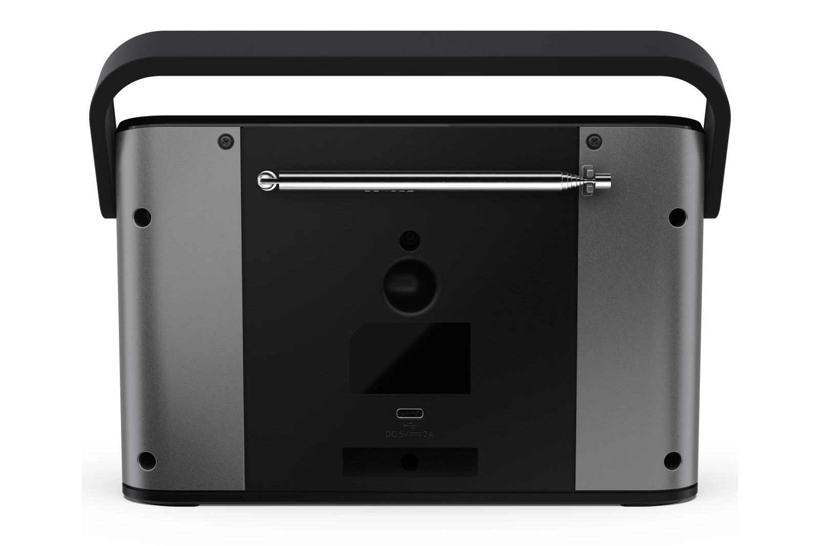 Widok z tyłu szarego i czarnego radia. Posiada uchwyt, antenę i kilka portów. Design jest nowoczesny i elegancki.