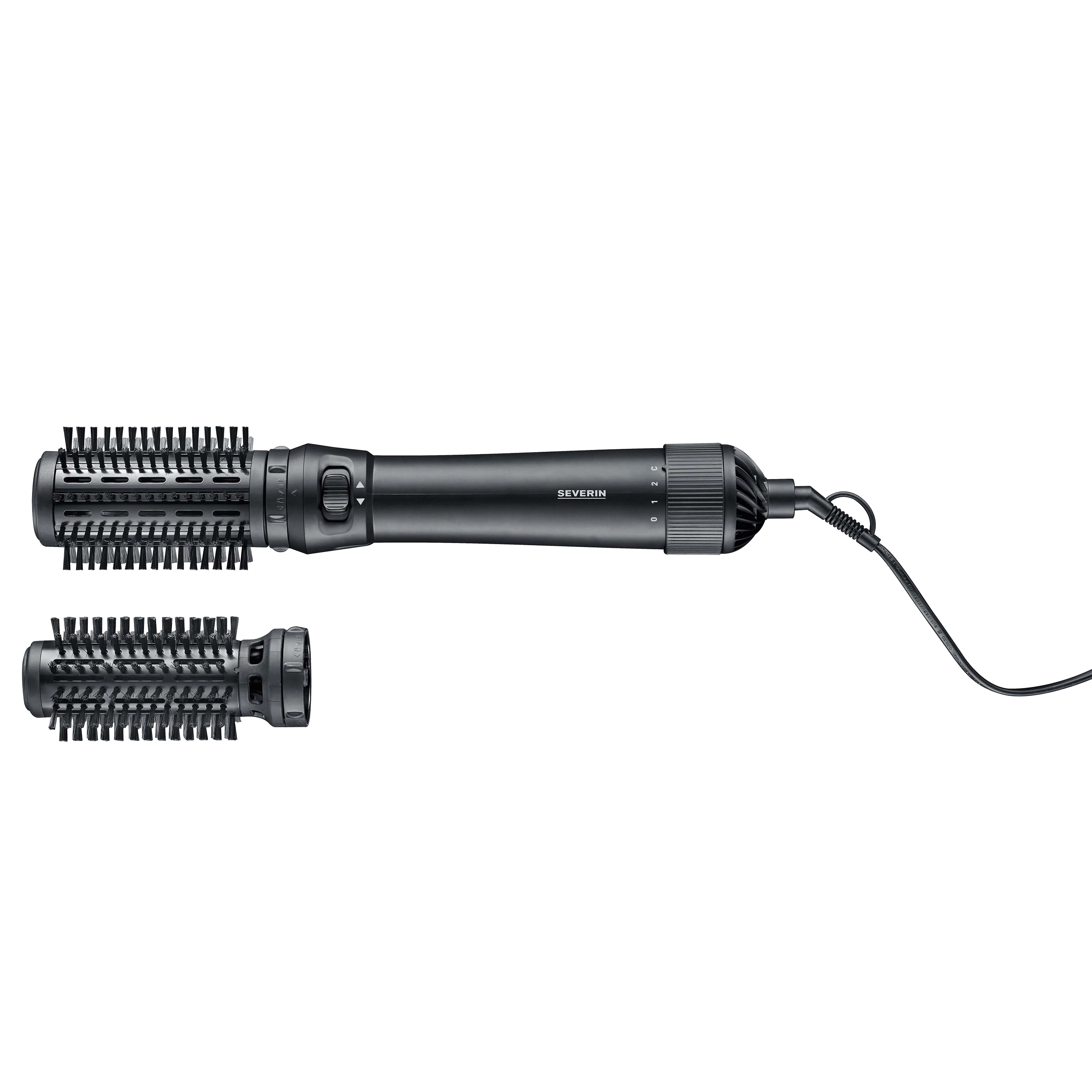 Czarna szczotka do stylizacji włosów z dwoma nasadkami. Ma cylindryczny korpus i przewód zasilający. Marka to Severin.