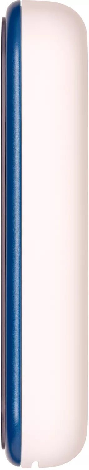 Pionowy obraz przedstawia biały i niebieski obiekt. Lewa strona niebieska, prawa biała, zaokrąglone krawędzie.