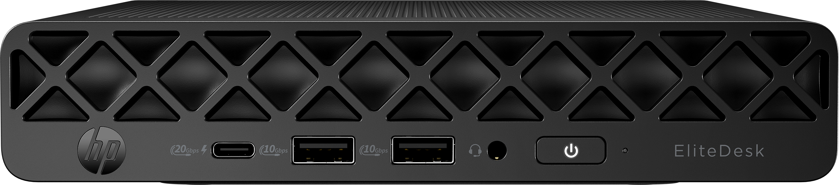 Schwarze HP EliteDesk-Front. Verfügt über ein geometrisches Gitter, USB-Anschlüsse, einen Ein-/Ausschalter und das HP-Logo.