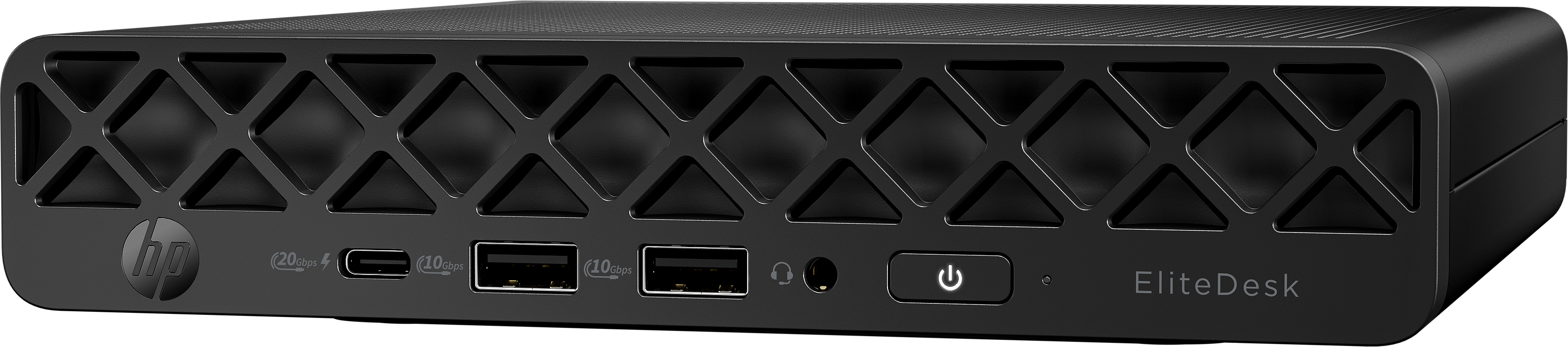 Ein schwarzer HP EliteDesk-Computer. Er hat eine rautenförmige Front mit Anschlüssen, einem Einschaltknopf und dem Namen EliteDesk.
