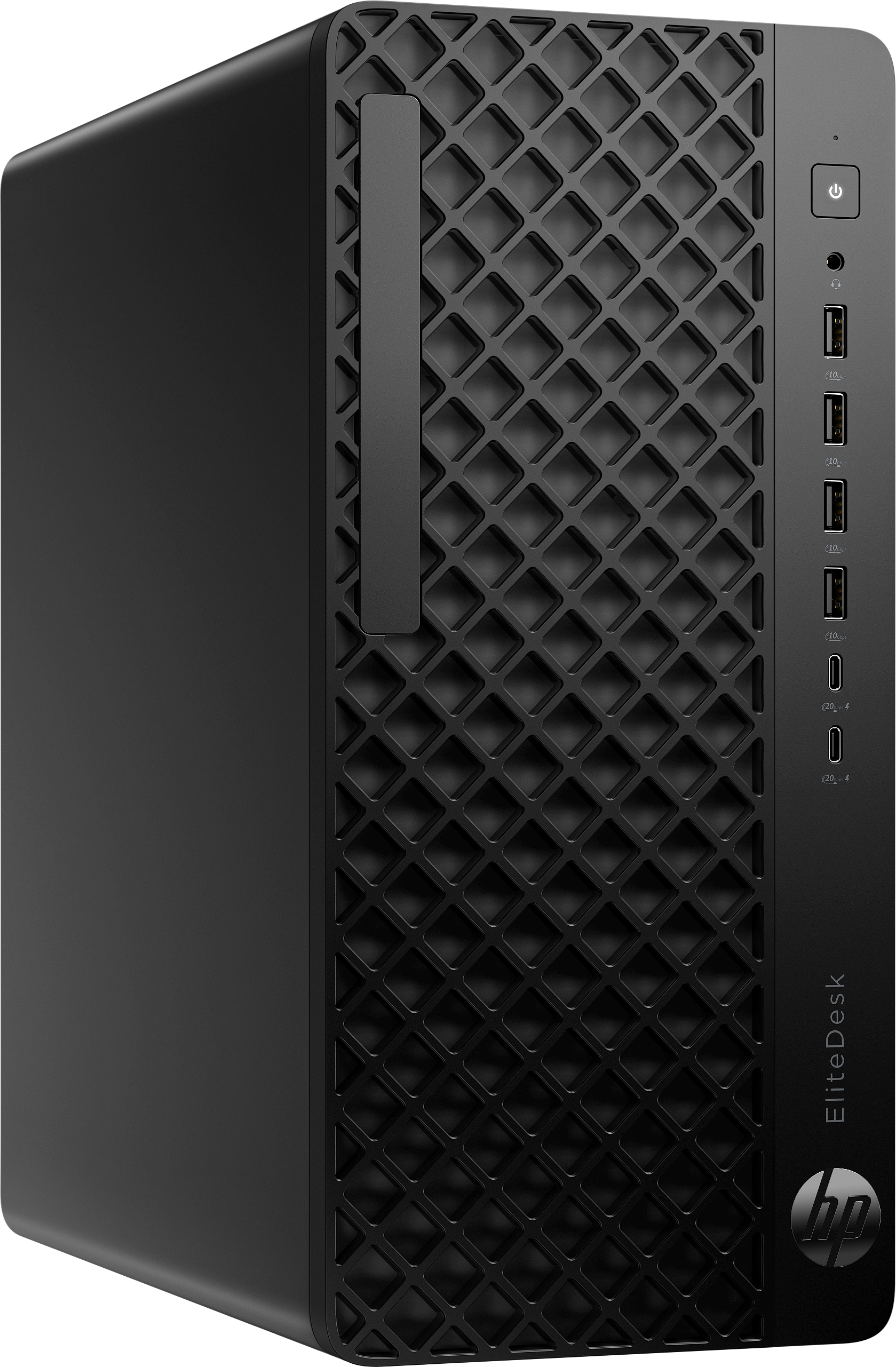Schwarzer HP EliteDesk Computer-Turm. Er hat einen Einschaltknopf, USB-Anschlüsse und eine Frontplatte mit Rautenmuster.