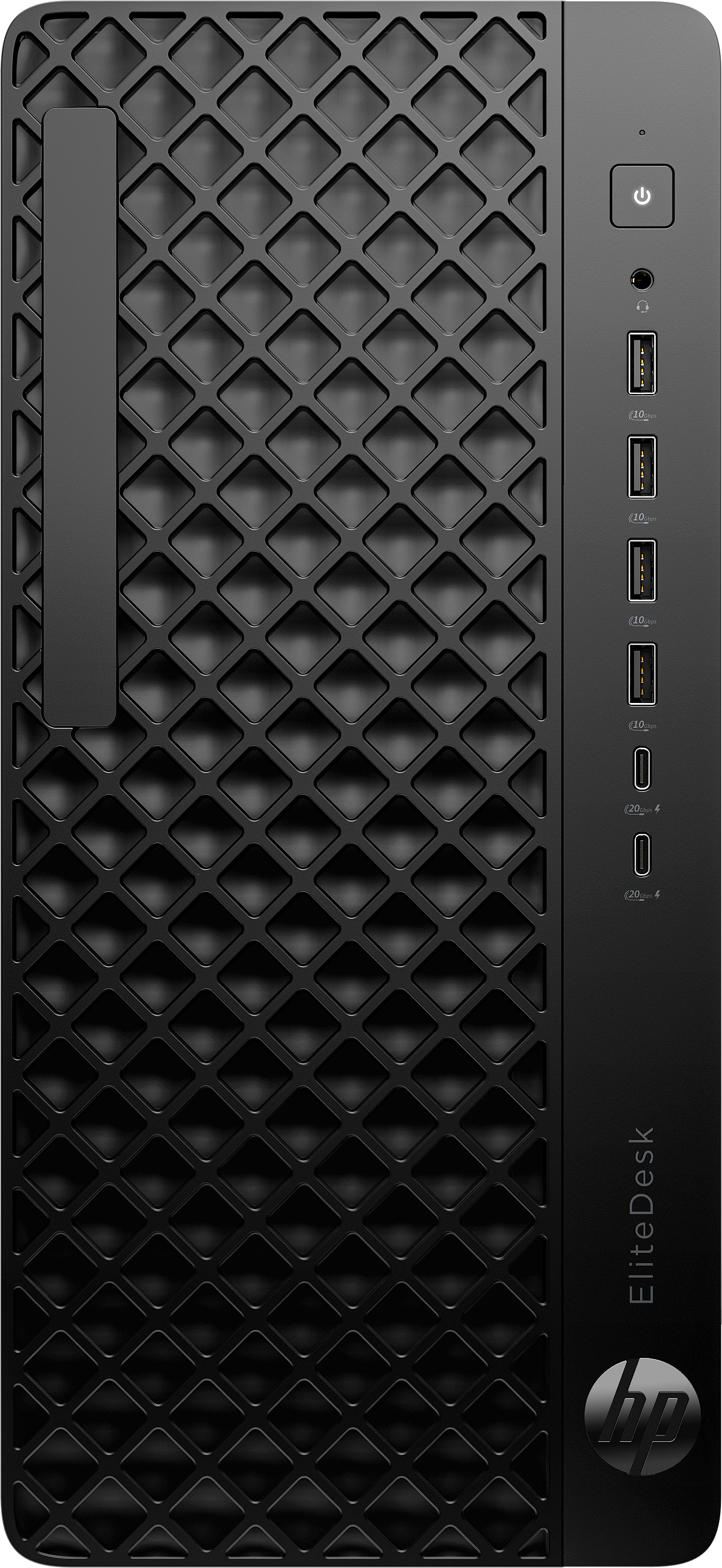 Schwarzer Desktop-Computer mit Rautenmuster, Ein-/Aus-Taste, USB-Anschlüssen und dem HP EliteDesk-Logo.