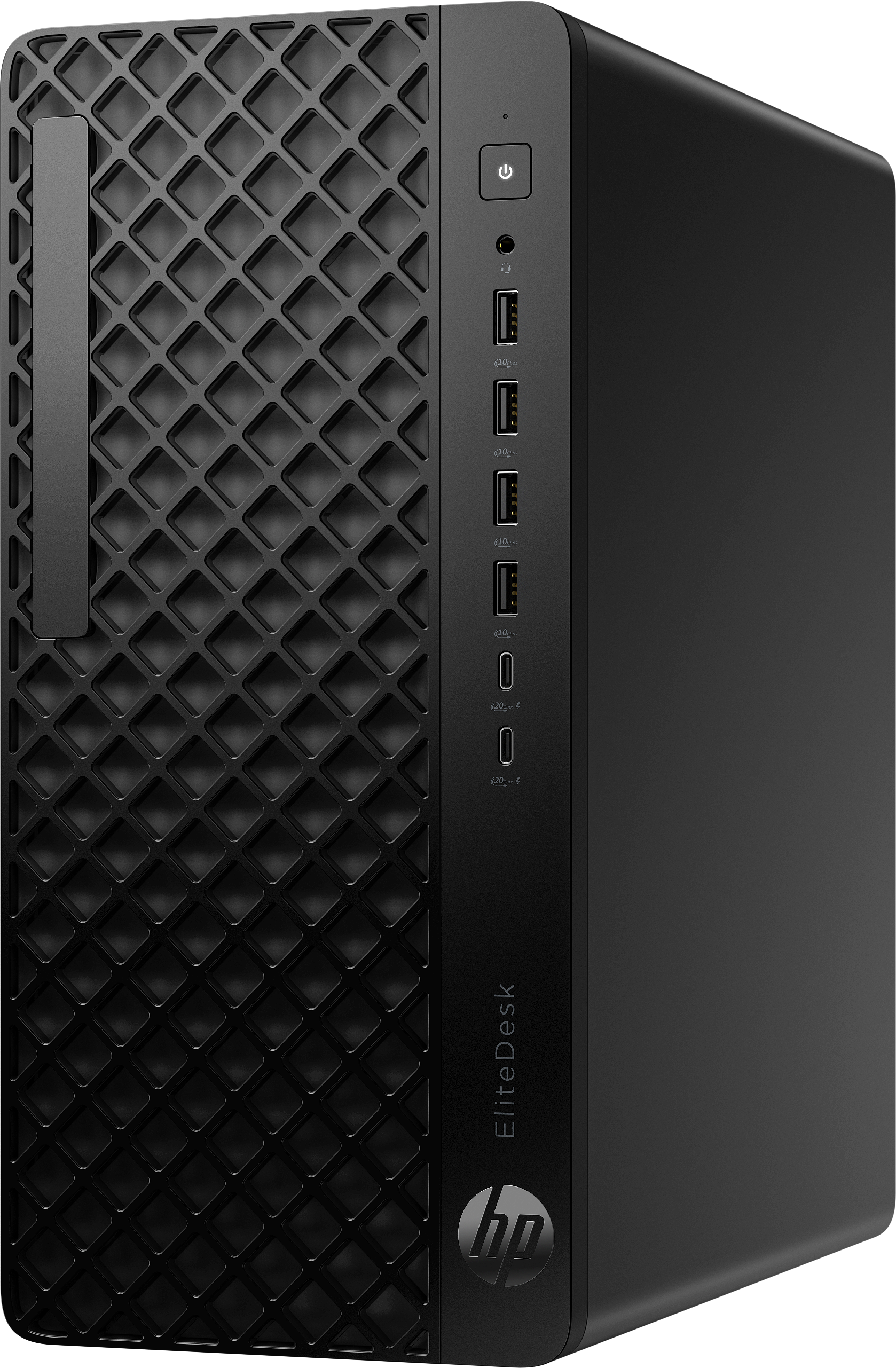 Ein schwarzer HP EliteDesk-Computer. Es hat eine strukturierte Frontplatte und verschiedene Anschlüsse. Ein- und Aus-Taste und HP-Logo sind sichtbar.