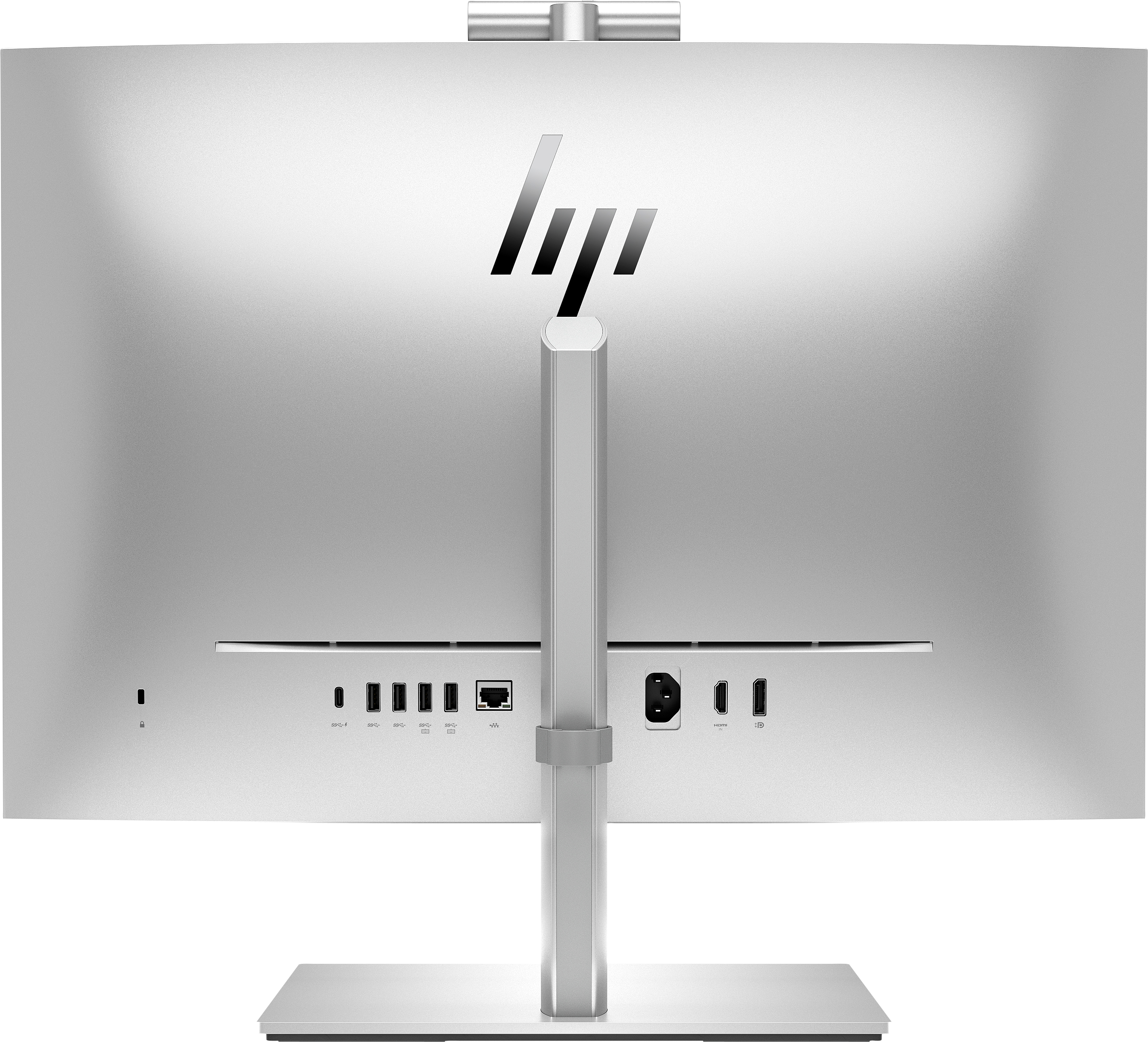 Rückseite eines silbernen Computermonitors mit Anschlüssen und HP-Logo. Ein Ständer stützt den Bildschirm.