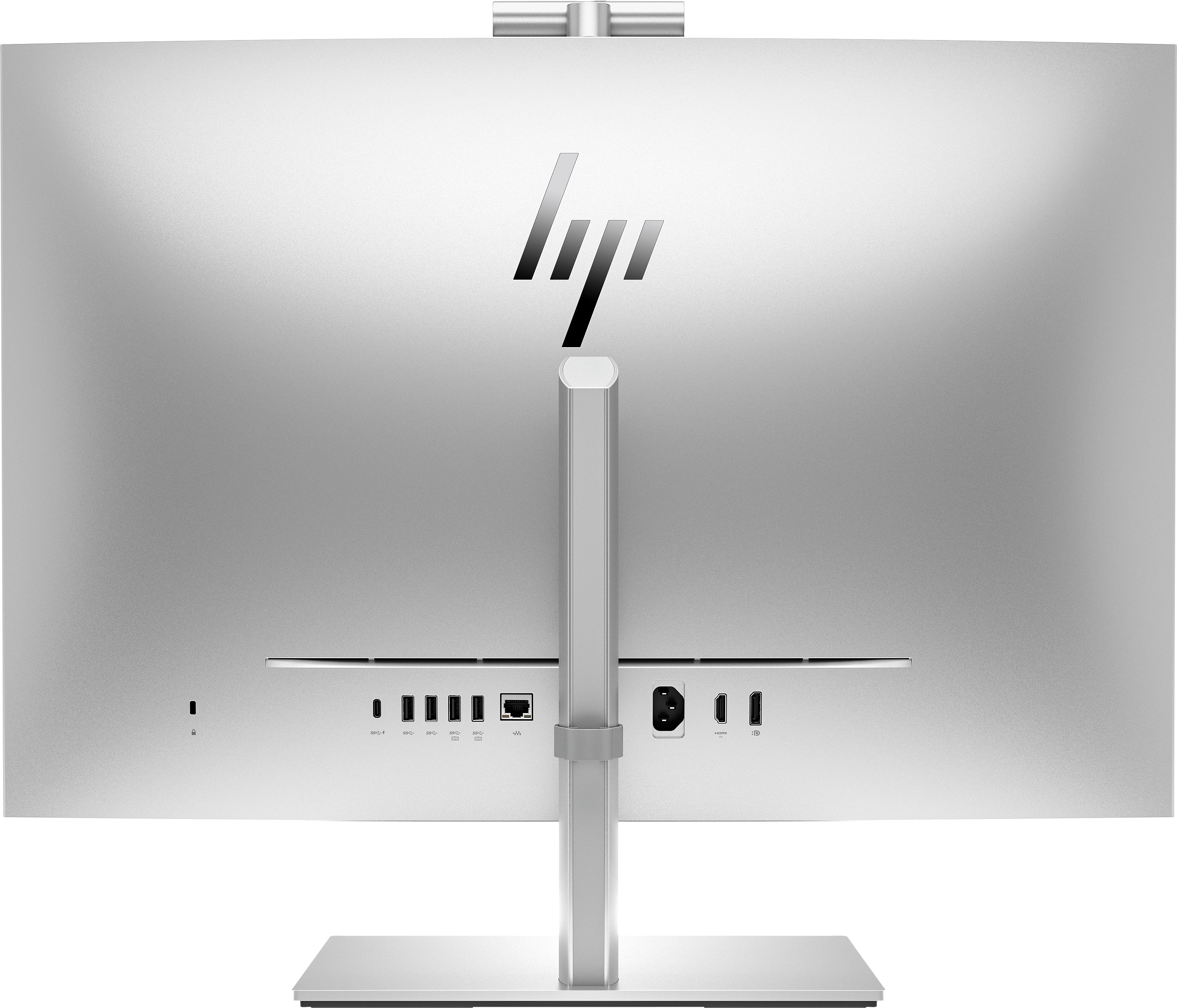 Rückseite eines silbernen HP All-in-One-Computers. HP-Logo, Anschlüsse und Ständer sind sichtbar. Schwarzer Hintergrund.