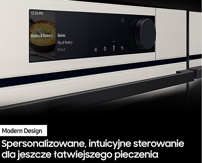 Panel sterowania piekarnika wyświetla opcje pieczenia. Widoczne jest czarne pokrętło i uchwyt. Piekarnik jest kremowy z czarnym akcentem.