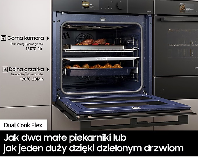 Otwarty piekarnik pokazuje dwie tace: jedną z mięsem, drugą z ciastem. Drzwi piekarnika są otwarte. Drugi piekarnik po prawej.