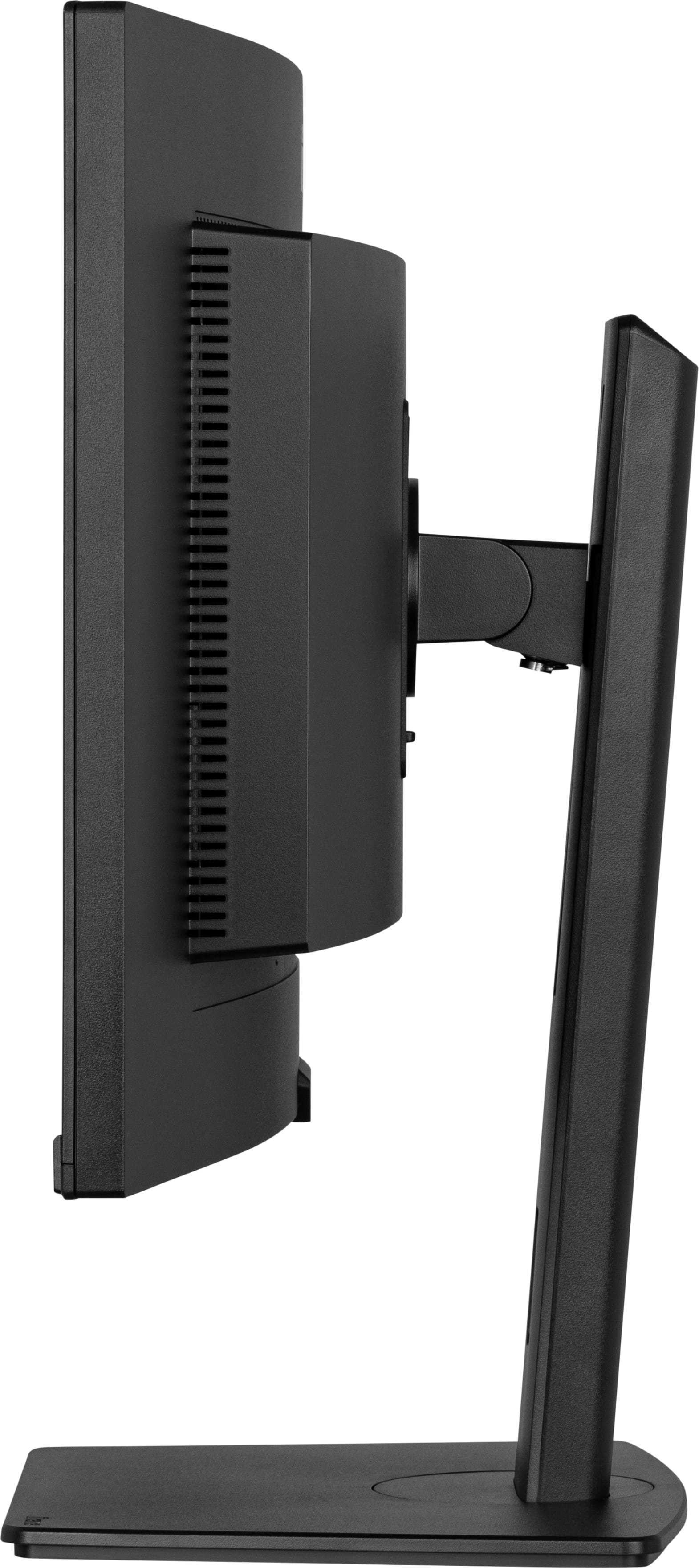 Widok z boku czarnego monitora komputerowego. Ekran jest duży i prostokątny. Ma podstawę i stoi na białym tle.