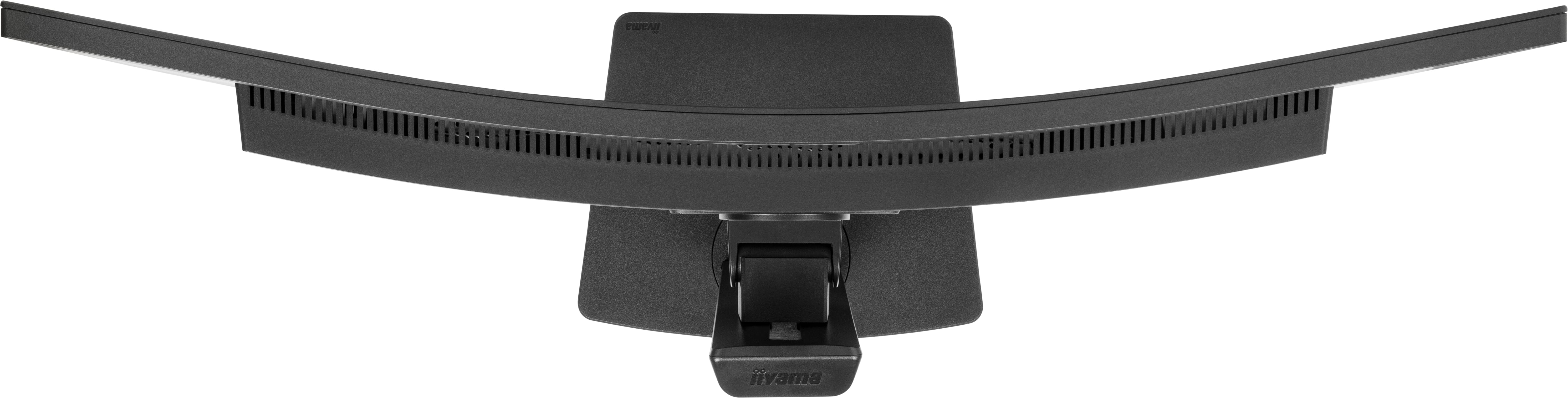 Widok z góry na zakrzywiony, czarny monitor komputera z centralną podstawą. Monitor ma kratkę wentylacyjną.