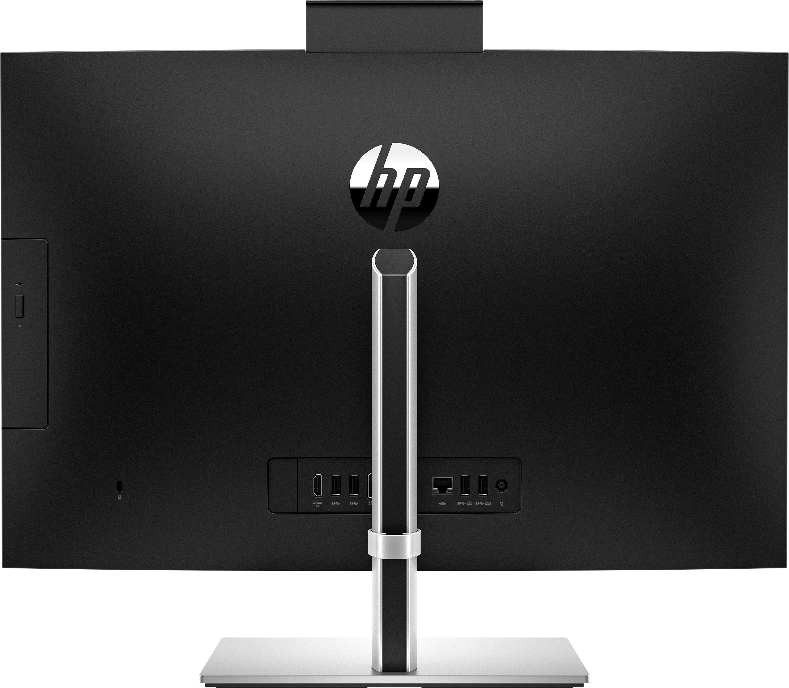 Rückansicht eines schwarzen HP-All-in-One-Computers. Er hat einen Ständer und mehrere Anschlüsse. Ein HP-Logo ist sichtbar.