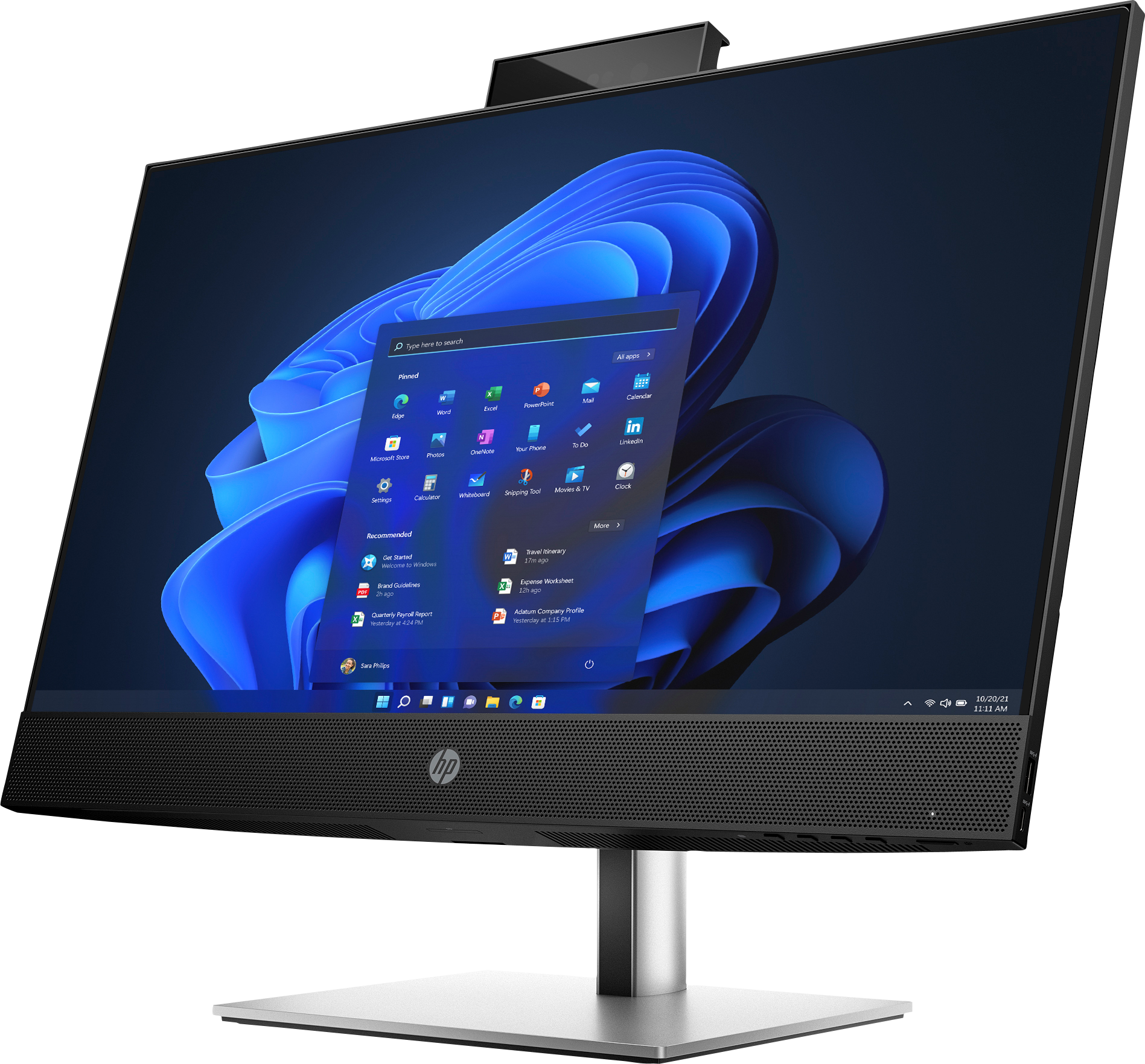 HP-All-in-One-Computer. Der Bildschirm zeigt die Windows 11-Oberfläche mit blauem Wellenhintergrund und App-Symbolen.
