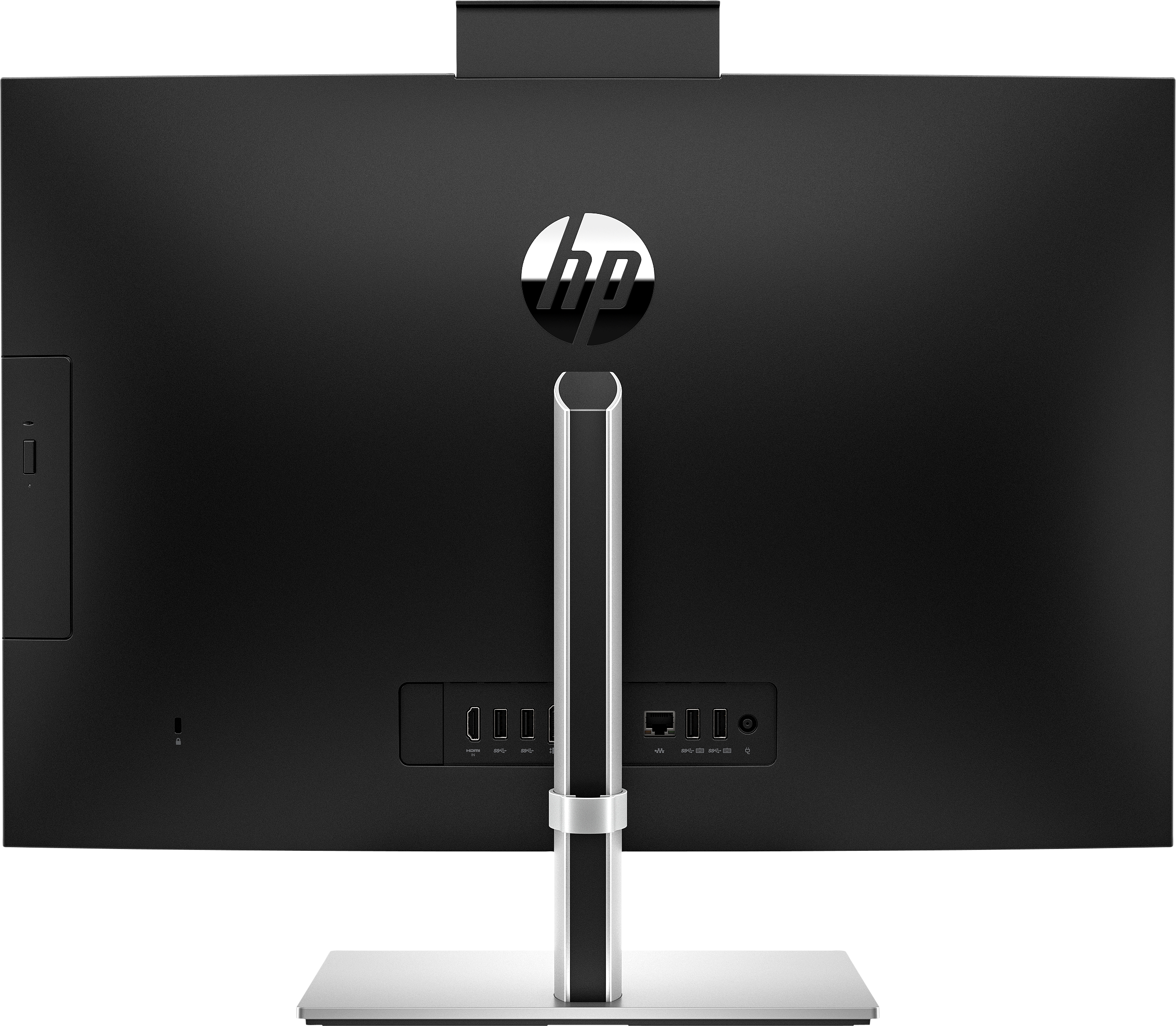 Rückansicht eines schwarzen HP All-in-One-Computers. Er hat einen Ständer, Anschlüsse und das HP-Logo. Der Monitor ist schwarz.