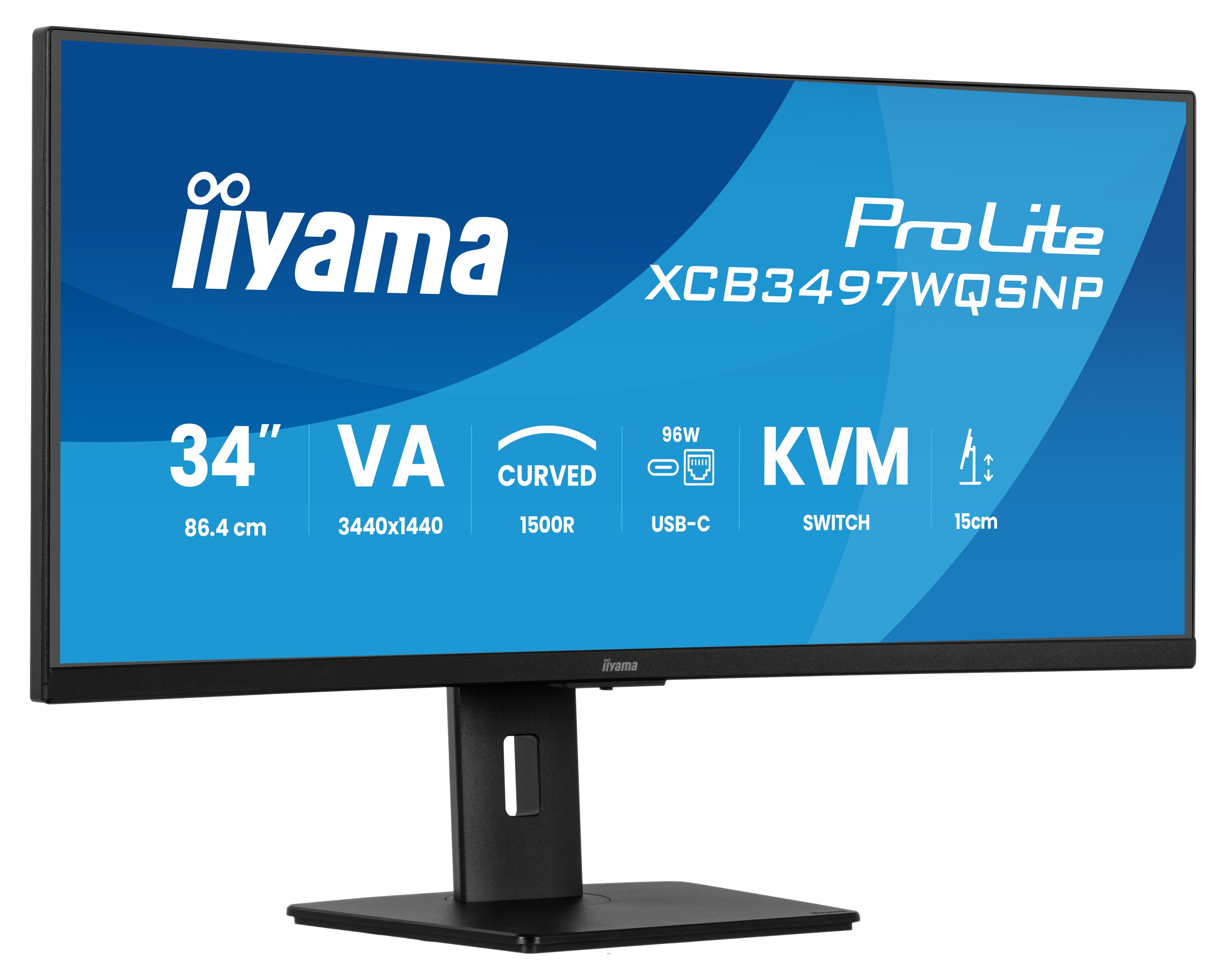 Monitor Iiyama ProLite. Czarna ramka, niebieski ekran. Cechy: 34", VA, zakrzywiony, przełącznik KVM, USB-C, regulacja wysokości 15cm.