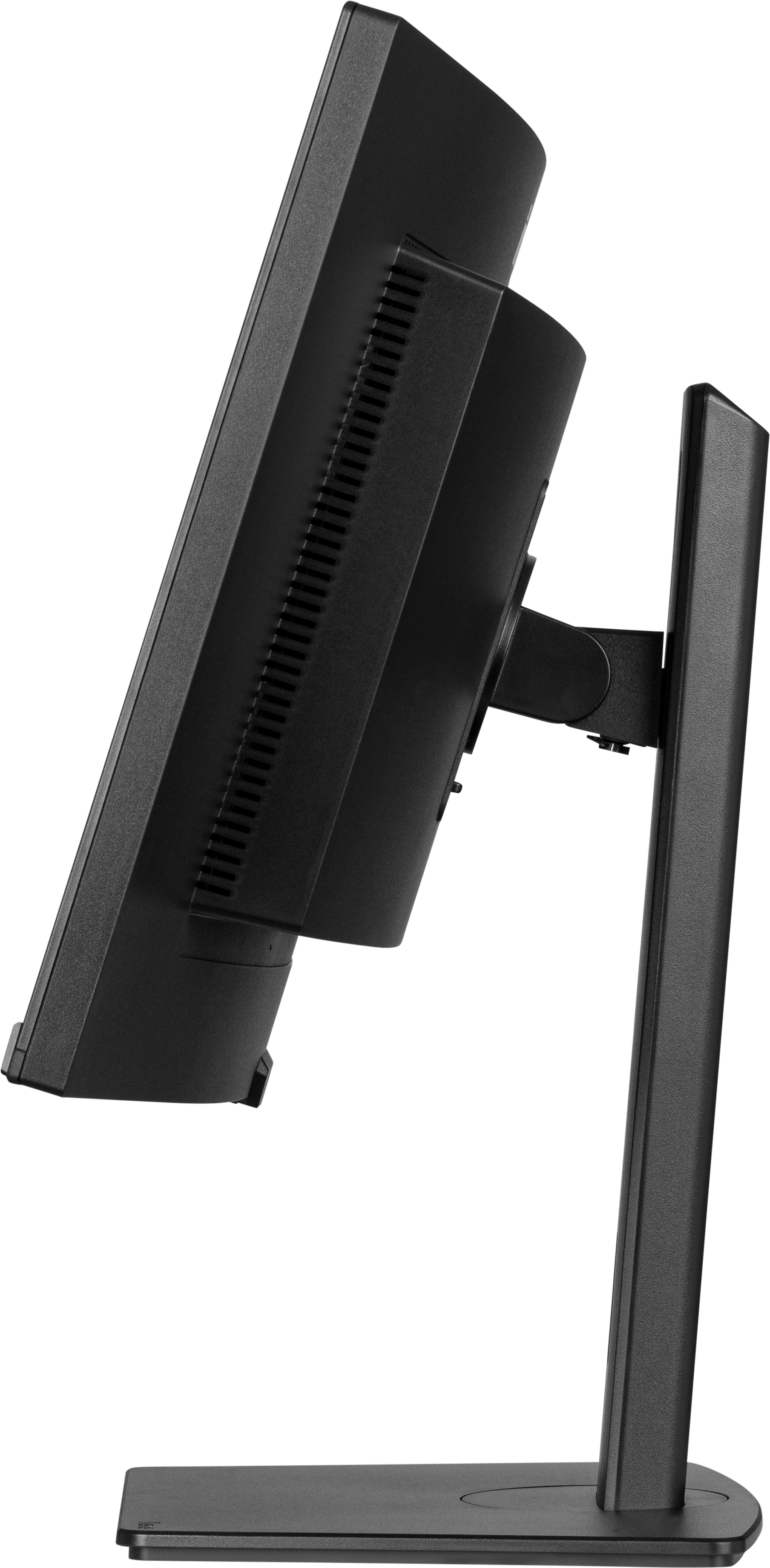 Pokazany jest czarny monitor komputera, pochylony w lewo. Jest zamontowany na stojaku. Tło jest białe.