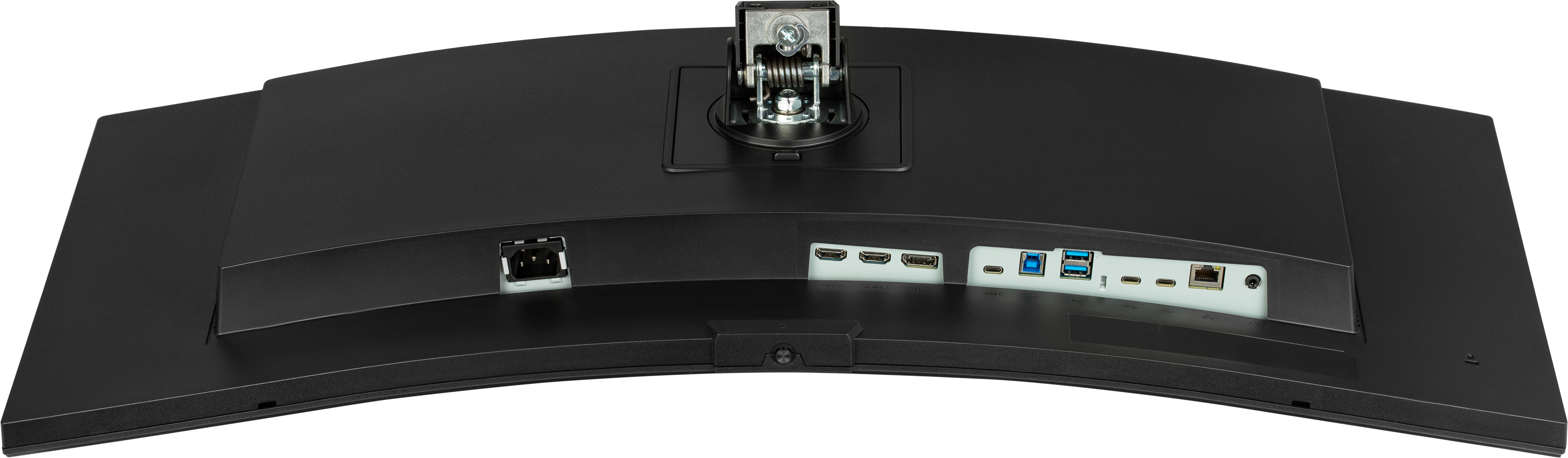 Tył zakrzywionego, czarnego monitora komputerowego. Posiada porty zasilania, HDMI, USB i port Ethernet.