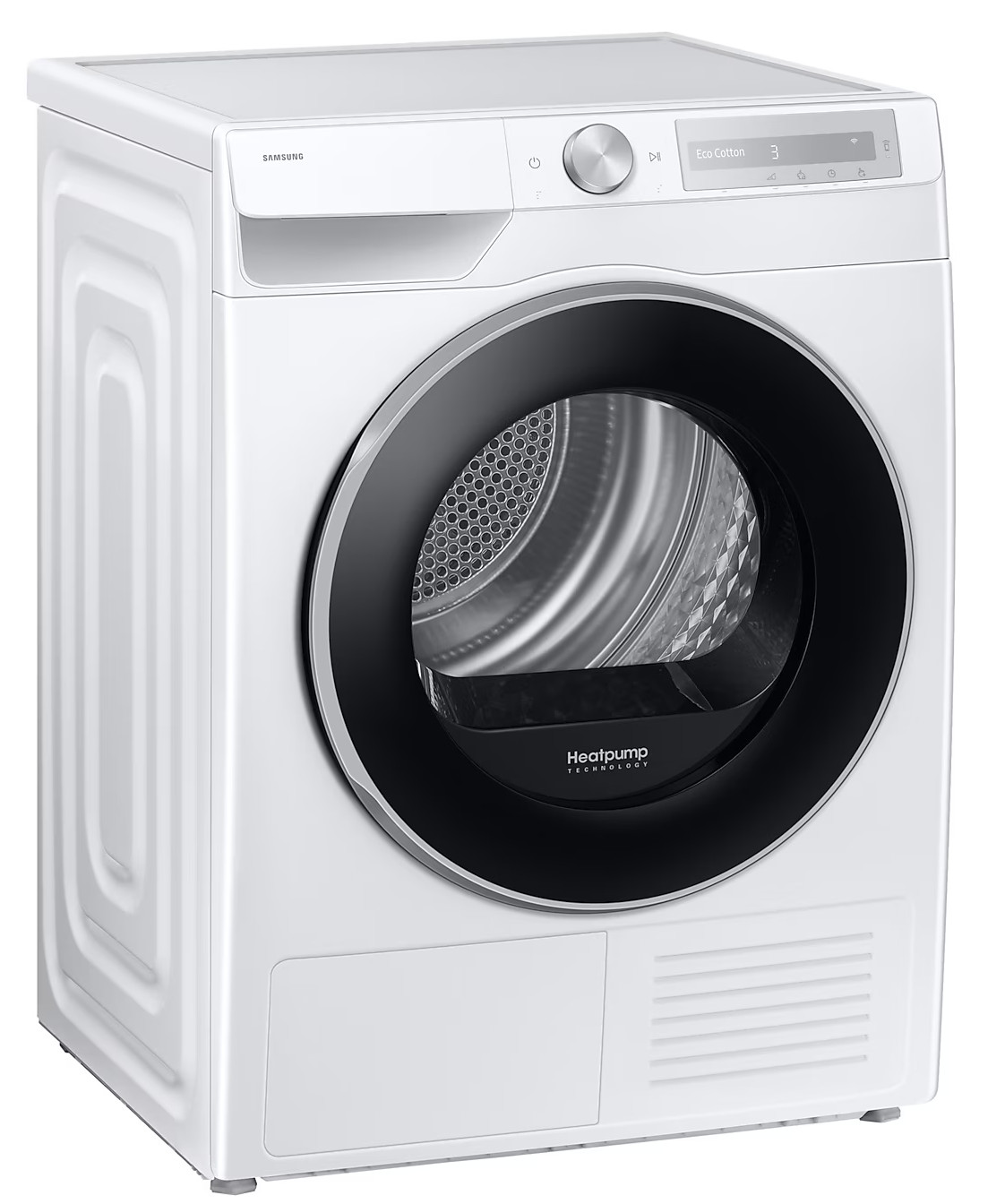 Biała suszarka Samsung. Ma duże czarne drzwi z okrągłym oknem. Panel sterowania w prawym górnym rogu.