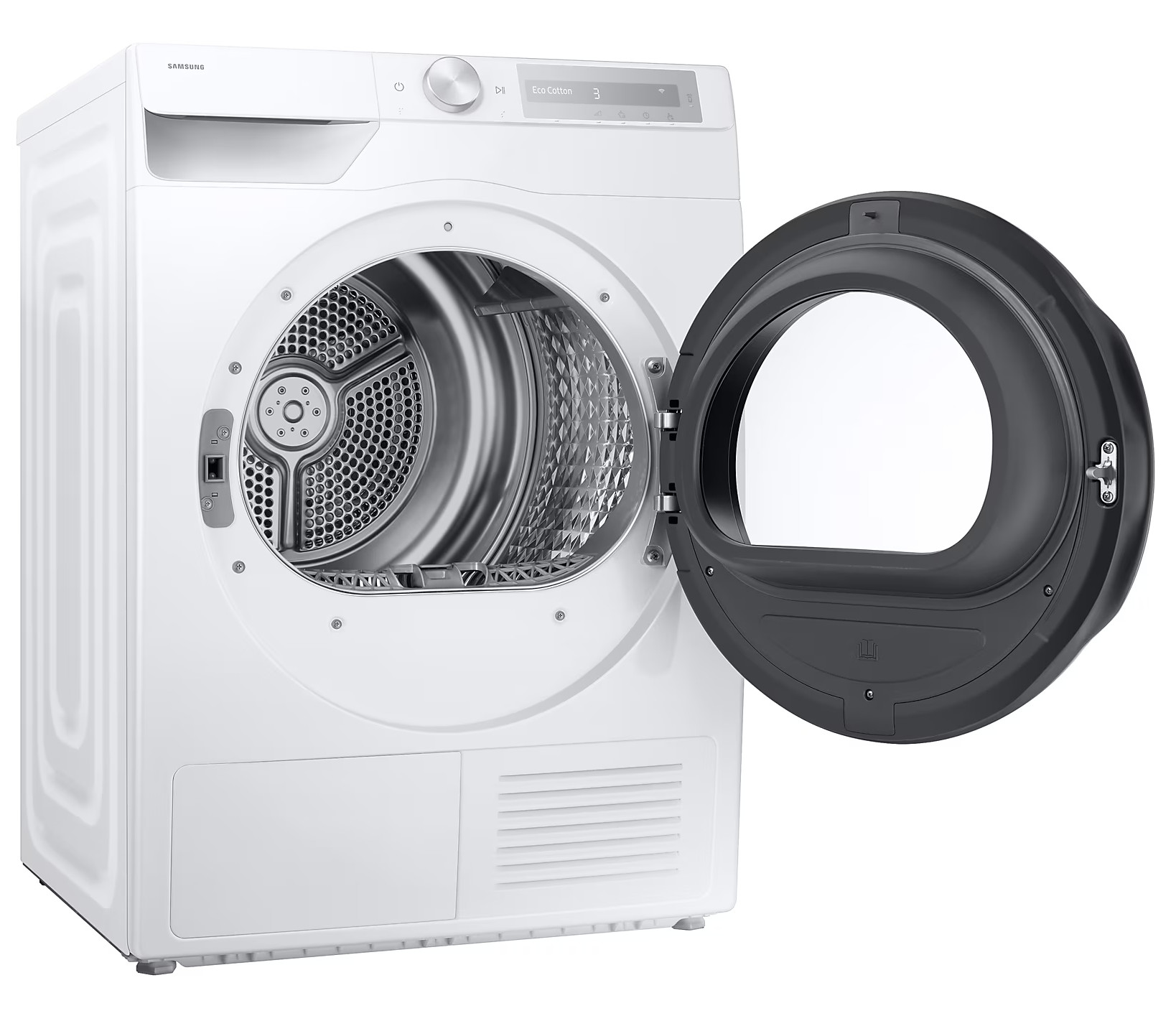 Biała suszarka Samsung z otwartymi drzwiami. Widoczny jest bęben wewnętrzny. Panel sterowania jest na górze.