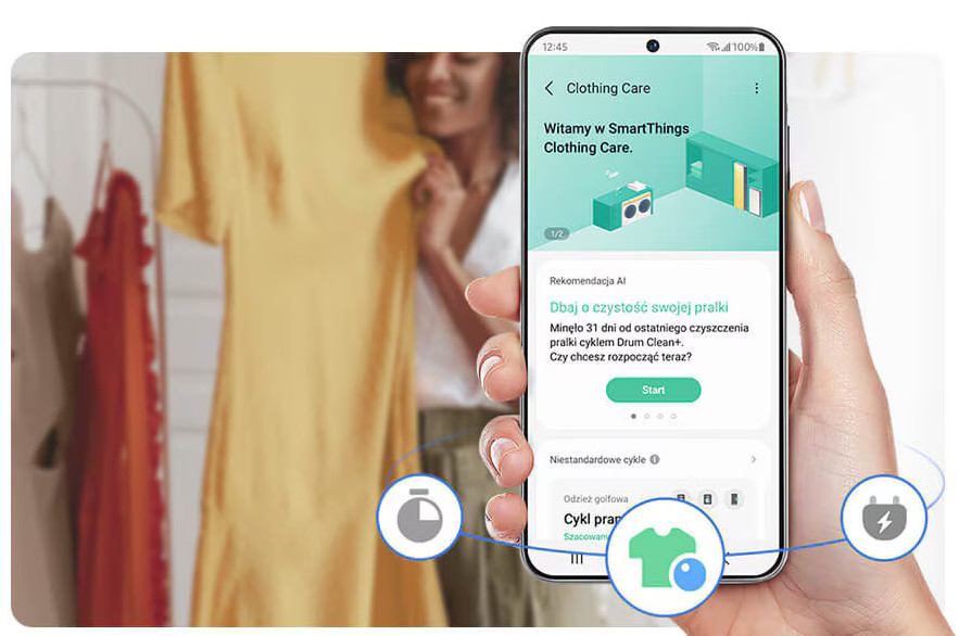 Kobieta trzyma żółtą sukienkę. Telefon wyświetla aplikację do prania. Ikony pokazują timer, ubrania i energię.