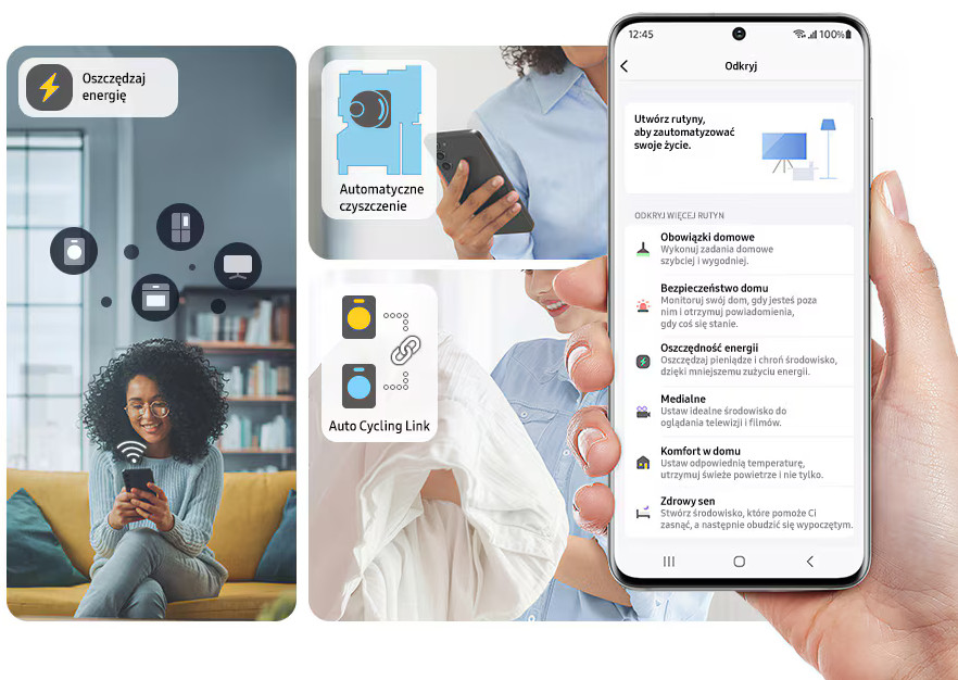 Kobieta używa telefonu do sterowania urządzeniami smart home. Ikony pokazują oszczędzanie energii, automatyczne czyszczenie i automatyczne łącze cykliczne.
