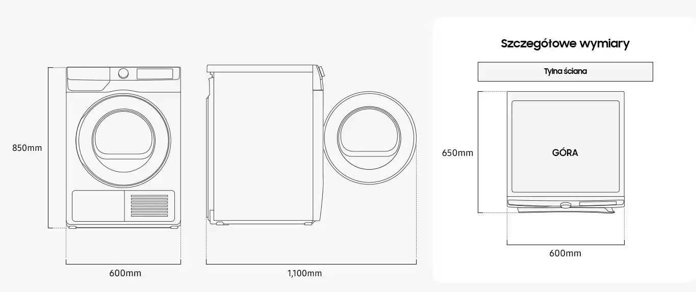 Rysunek linii suszarki z wielu perspektyw z wymiarami w milimetrach: 850x600, 1100 i 650x600.