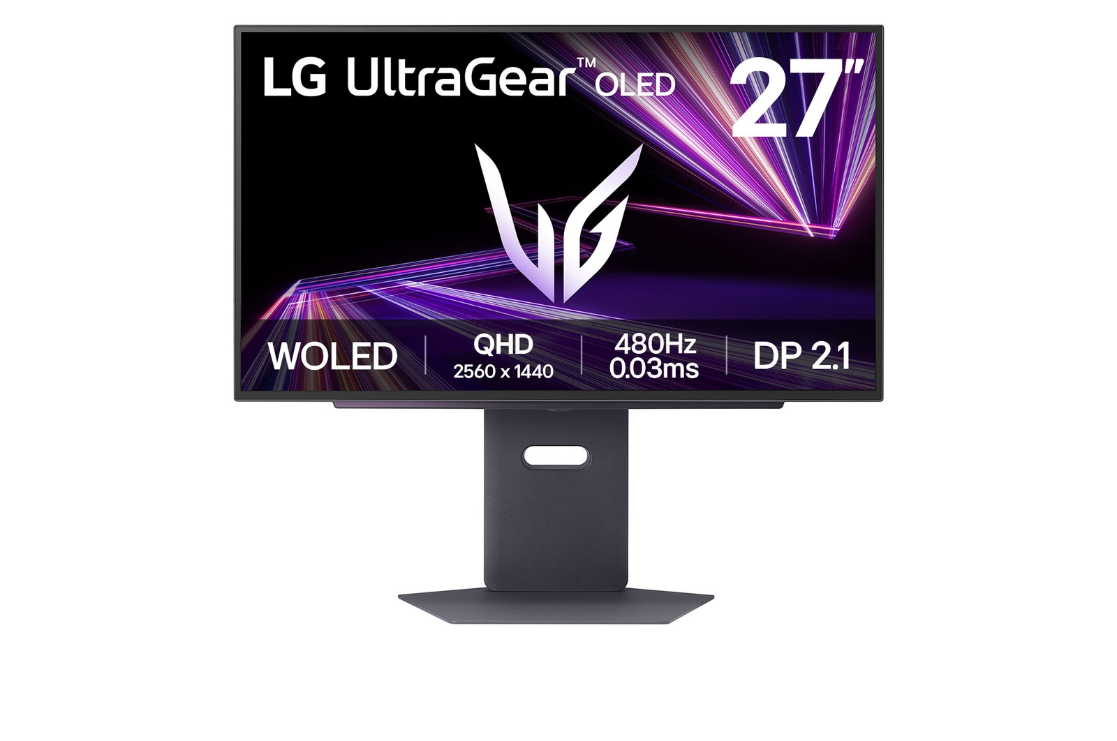 Monitor LG UltraGear OLED 27". Czarna ramka, ciemna podstawa. Ekran wyświetla logo, specyfikacje i fioletowo-różowe abstrakcyjne tło.