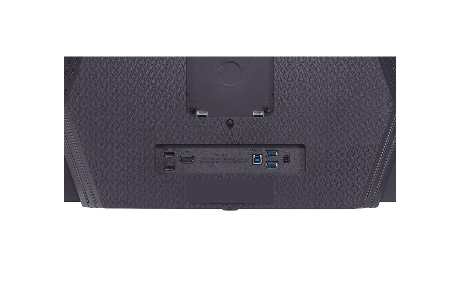 Tył ciemnego monitora z portami HDMI, DP, USB i audio. Powierzchnia ma geometryczny wzór.