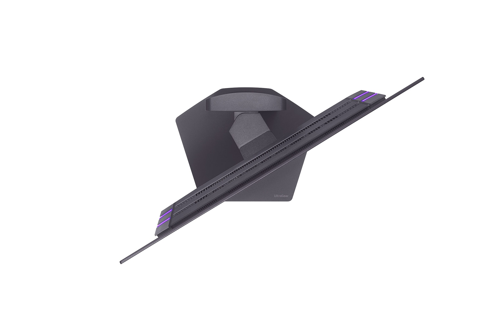 Ciemnoszary monitor komputerowy, z fioletowymi akcentami. Ekran jest pochylony. Podstawa ma ciemnoszary kształt.