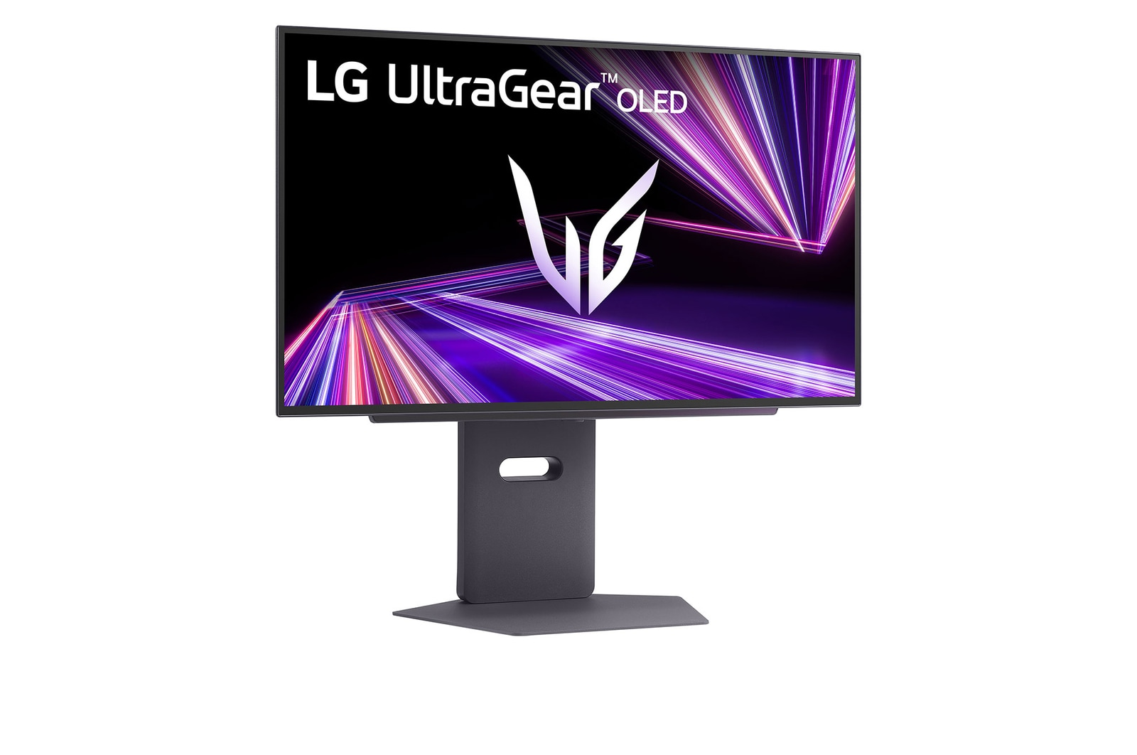 Monitor LG UltraGear OLED na szarej podstawie. Ekran wyświetla fioletowo-biały wzór z logo UltraGear.