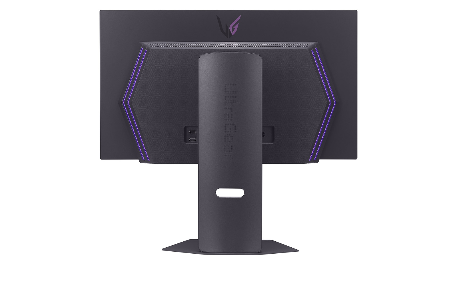 Widok z tyłu ciemnoszarego monitora komputerowego ze stojakiem. Fioletowe akcenty obramowują krawędzie. Widoczne logo Ultragear.