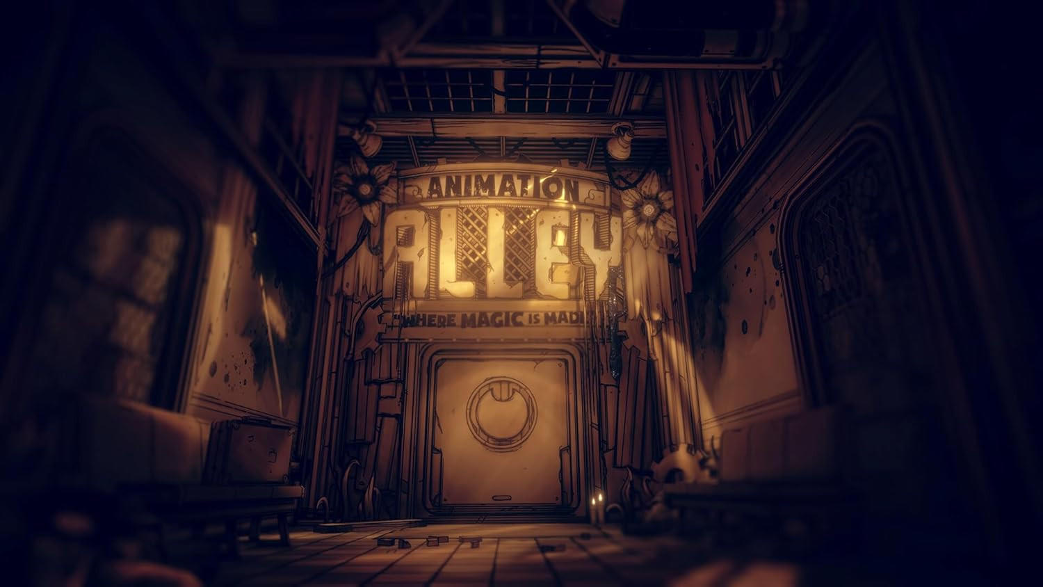 Eingang zur Animationsgasse. Auf dem Schild steht 'Animation Alley, Where Magic is Made'. In der Mitte befindet sich eine Tür.