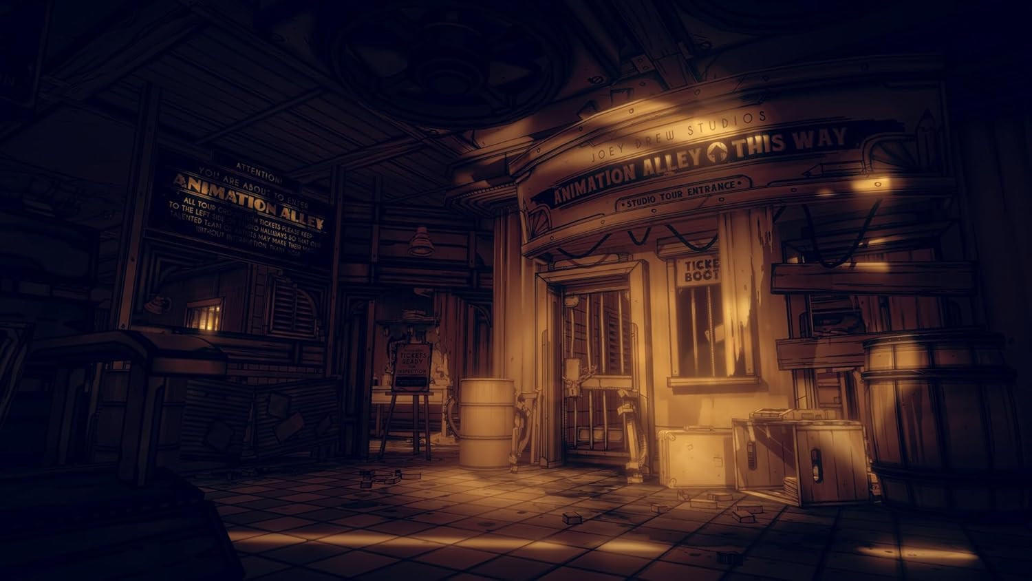 Eine Innenansicht eines Zeichentrickstudios. Schilder für Animation Alley und ein Ticketschalter sind zu sehen. Es gibt Fässer und Kisten.