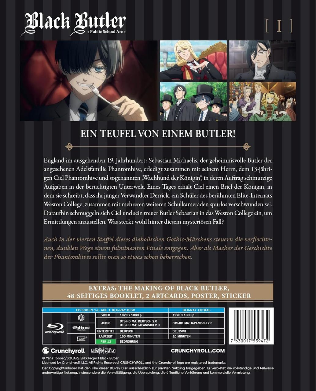 Black Butler Blu-ray-Cover. Enthält Anime-Charaktere und Text auf Deutsch. Inklusive Extras wie Booklet und Artcards.