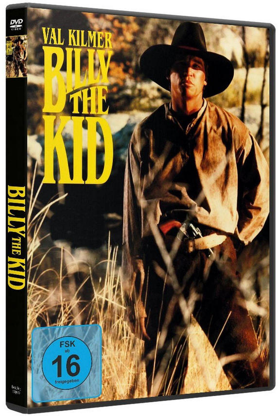 DVD-Cover für "Billy the Kid". Val Kilmer mit Cowboyhut, hält eine Waffe. Hohes Gras im Vordergrund und eine Felslandschaft im Hintergrund.
