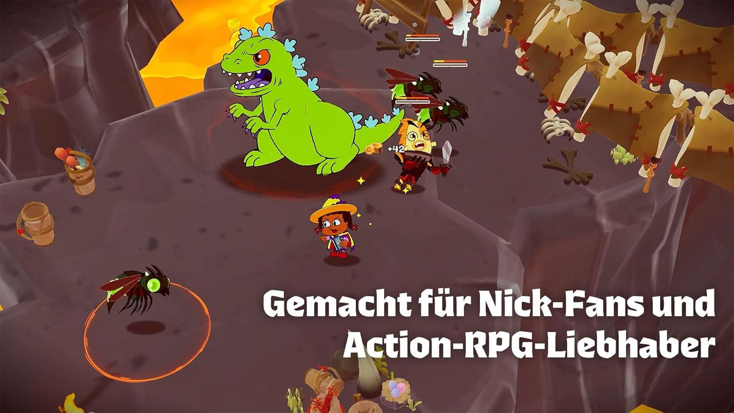 Grüner Dinosaurier, Zeichentrickfiguren in einer Kampfszene. Text: Gemacht für Nick-Fans und Action-RPG-Liebhaber.