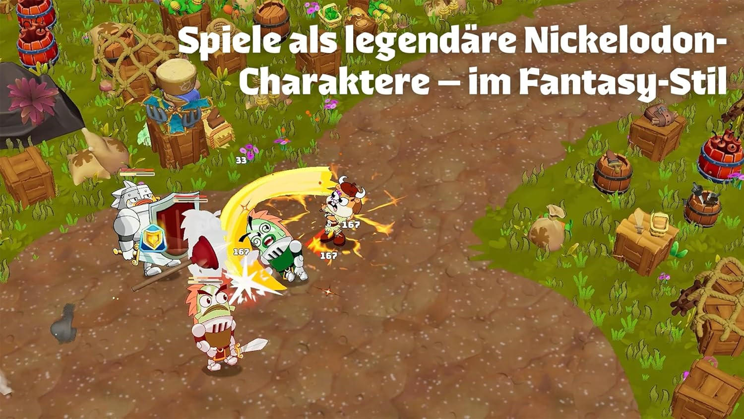 Cartoon-Spielszene. Charaktere kämpfen, mit Gesundheitsbalken über ihnen. Im Hintergrund gibt es Holzkisten, Fässer und Gras.