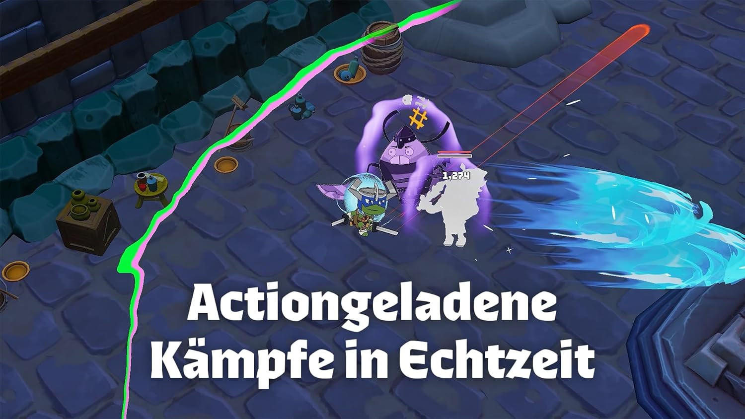 Eine Cartoon-Kampfszene mit einem Ninja-Charakter, der gegen ein Monster kämpft. Aktionslinien und Text überlagert.