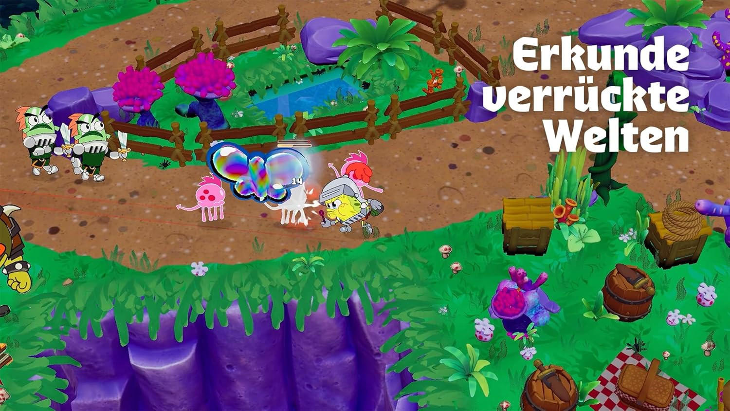 SpongeBob SquarePants in einer Fantasiewelt, kämpft mit Freunden, Feinden und einem großen, bunten schmetterlingsartigen Wesen.