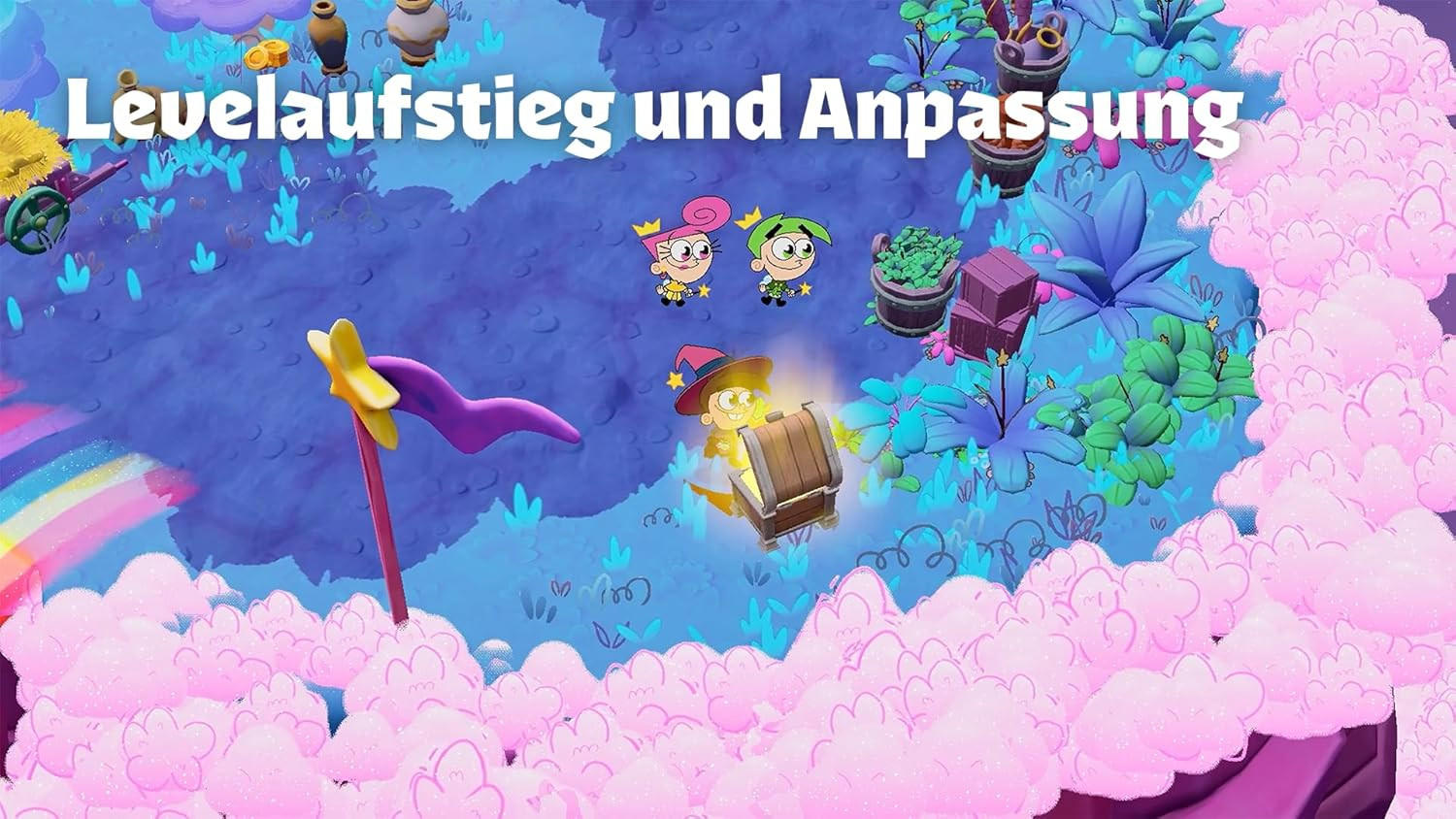 Eine Cartoon-Szene mit Charakteren und einer Schatzkiste. Der Hintergrund ist eine fantastische Landschaft mit Pflanzen und Wolken.