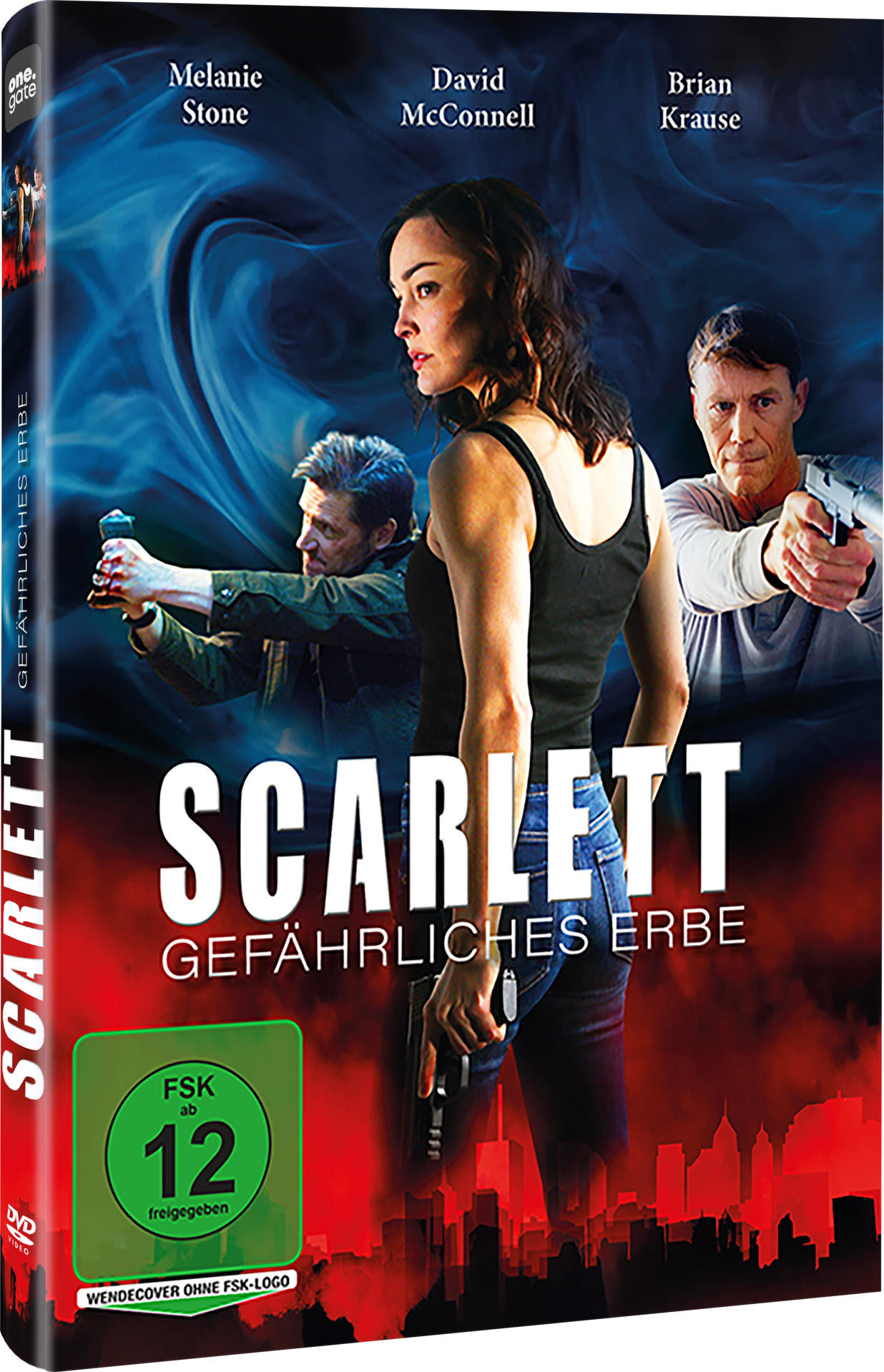 DVD-Cover für 'Scarlett: Gefährliches Erbe'. Zeigt Schauspieler mit Waffen, eine Frau und eine Stadtsilhouette mit roten Farbtönen.