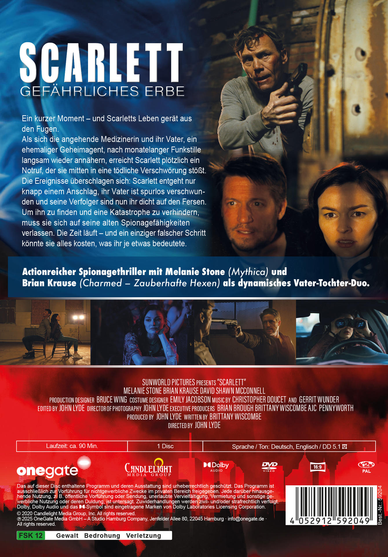 Filmcover mit Schauspielern, Titel 'Scarlett' und Text auf Deutsch. Zeigt einen Mann mit einer Waffe und eine besorgte Frau.