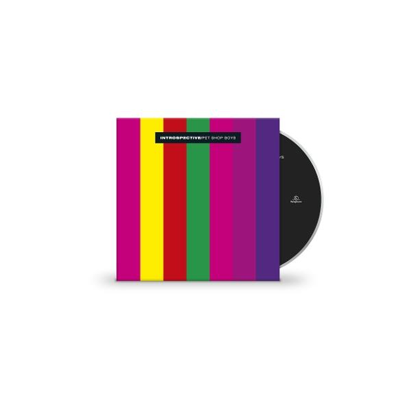 Albumcover mit bunten vertikalen Streifen und einer CD. Titel: Introspective/Pet Shop Boys.