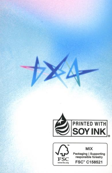 Blauer, rosa- und weißfarbener Hintergrund mit stilisiertem Logo. Darunter Logos für Sojatinte und verantwortungsvolle Forstwirtschaft.