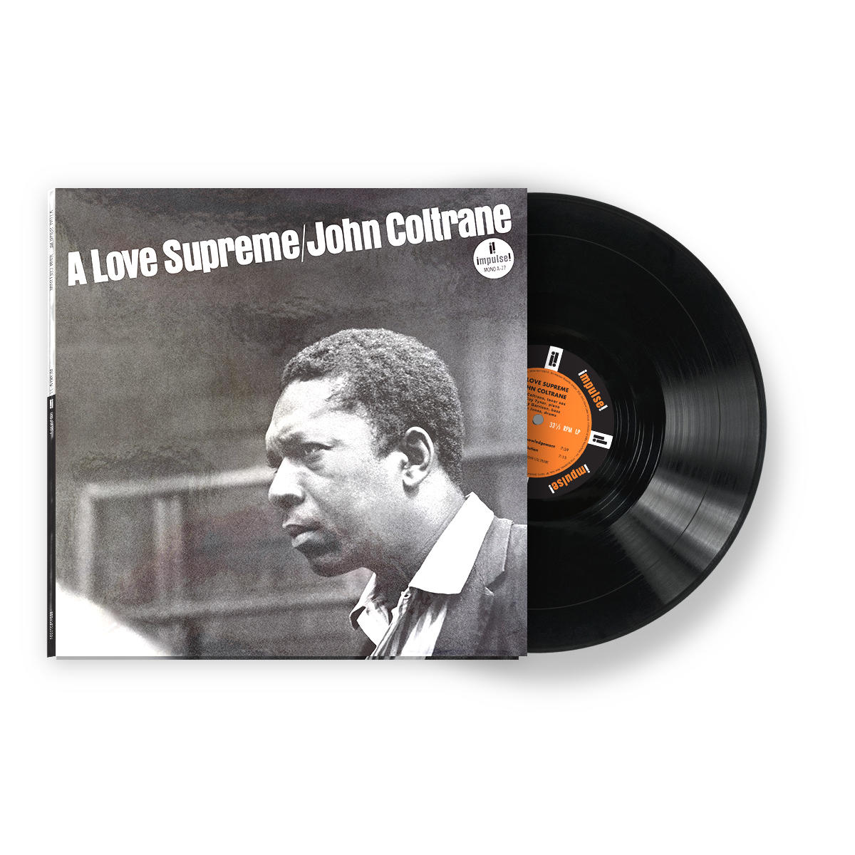 Albumcover von John Coltranes 'A Love Supreme'. Zeigt ein Schwarz-Weiß-Porträt und eine teilweise sichtbare Schallplatte.