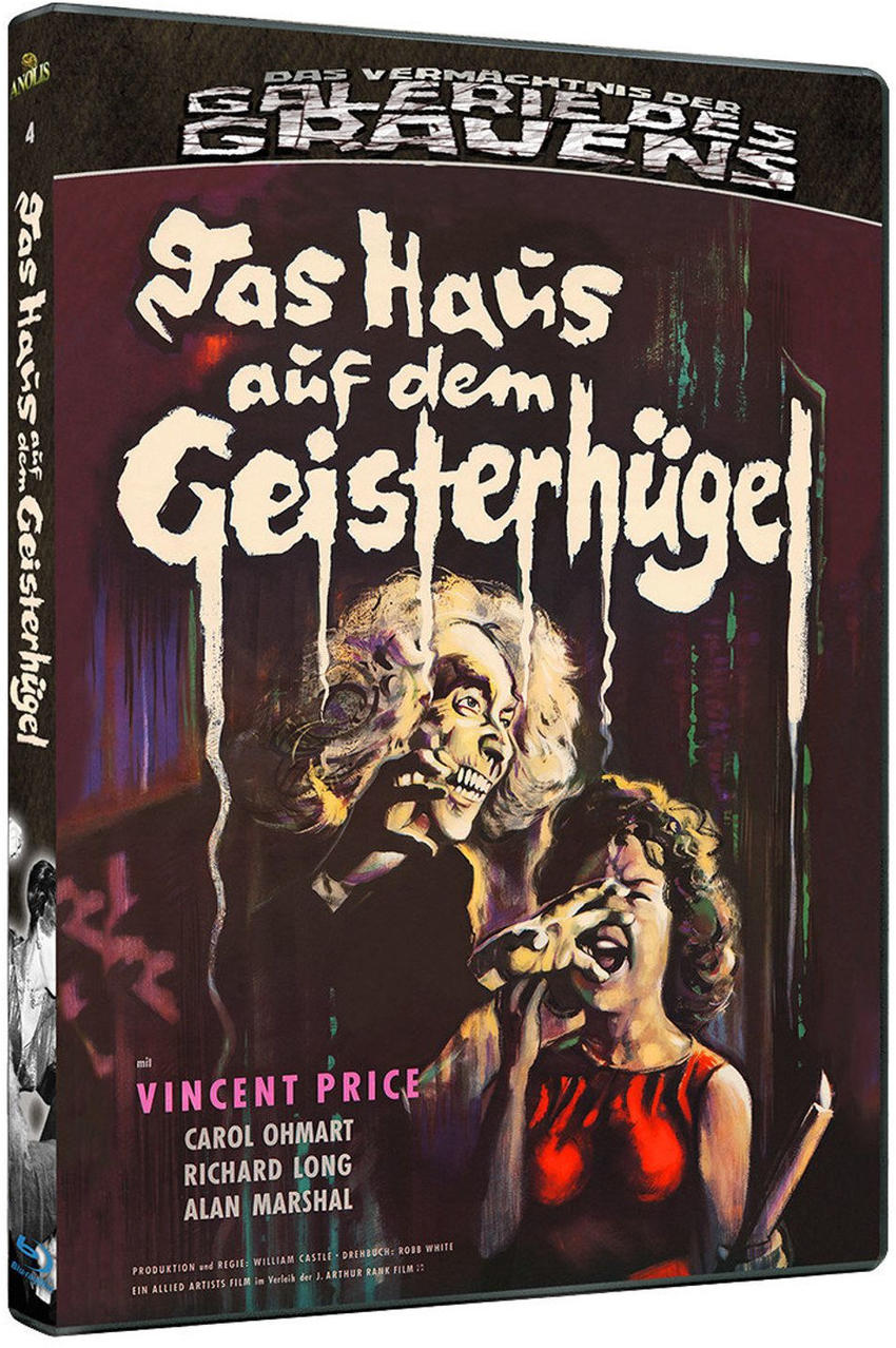 Filmposter: Titel 'Das Haus auf dem Geisterhügel', Skelettfigur und schreiende Frau. Vincent Prices Name ist prominent.