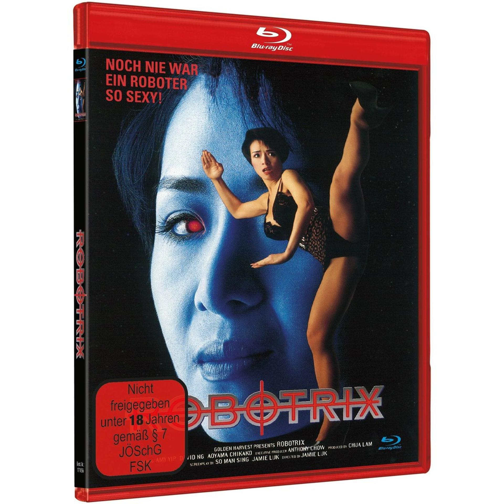 Filmcover mit einer Frau in schwarzem Outfit, die einen Spagat macht. Der Titel 'Robotrix' ist sichtbar.