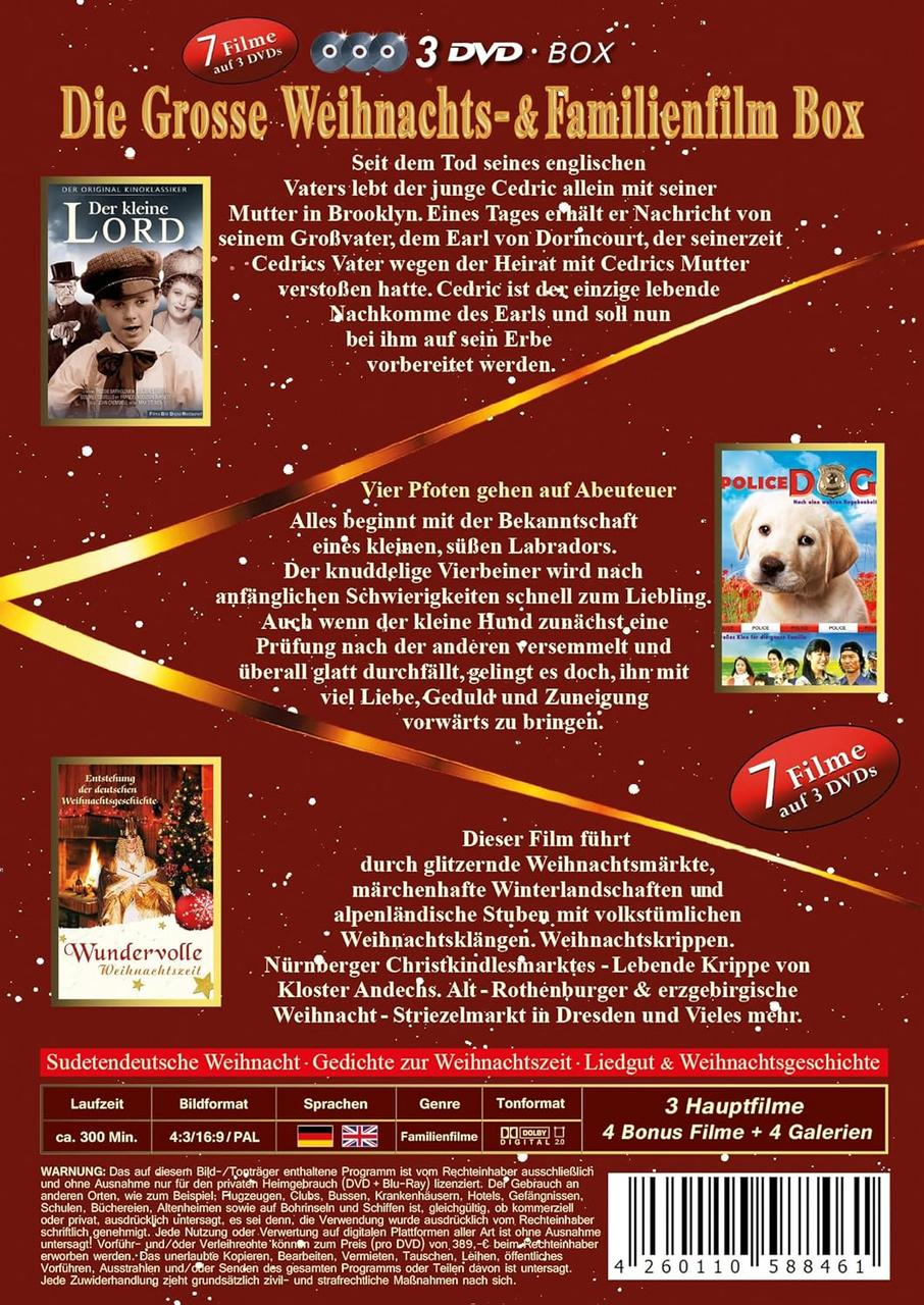 DVD-Box mit Weihnachtsfilmen. Es hat drei Filmcover und Text auf Deutsch. Ein Hund und ein Junge sind auf Bildern.