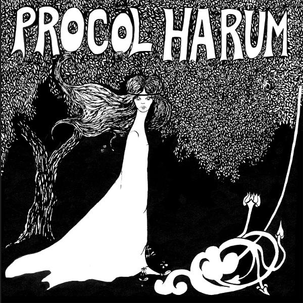 Schwarz-Weiß-Zeichnung einer Frau in langem Kleid unter einem Baum. Der Bandname „Procol Harum“ steht oben.